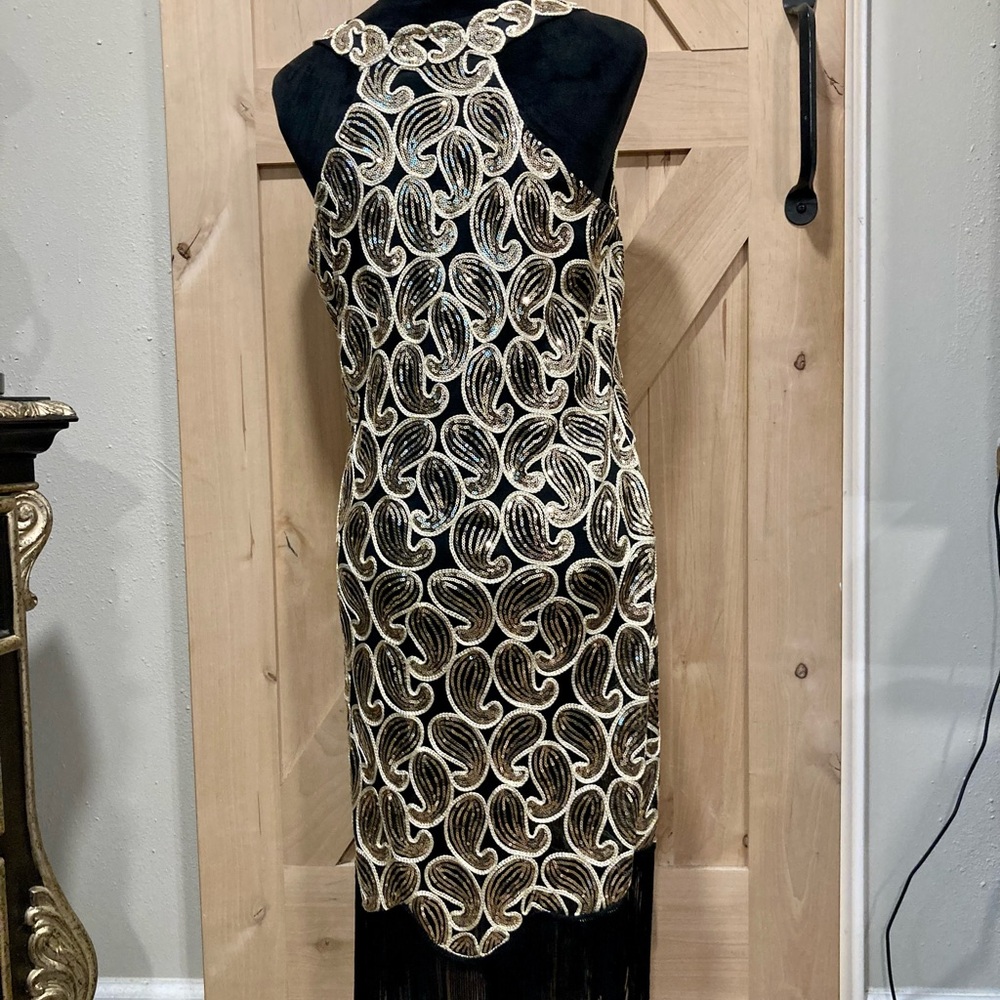 Black and Gold Sleeveless Sheath Dress Fringe Paisley Sequins - Picture 8 of 15